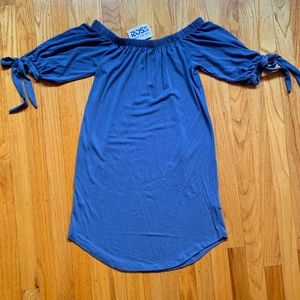 BLUE OFF-THE-SHOULDER SHIFT MINI DRESS